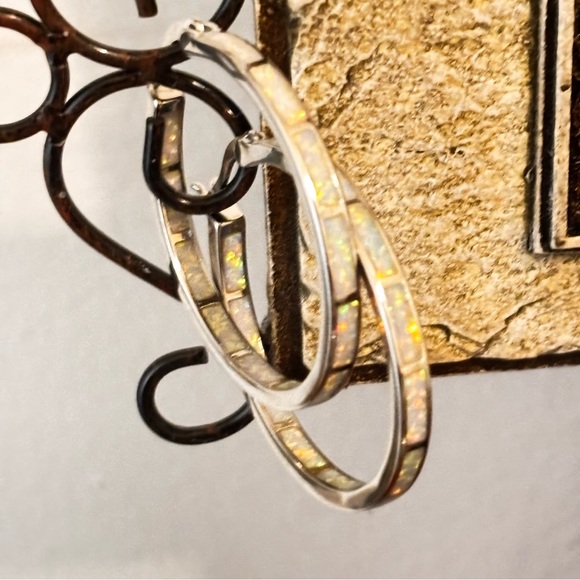 New Sterling Silver Iridescent Opal Hoop Earrings 925 - Picture 4 of 8